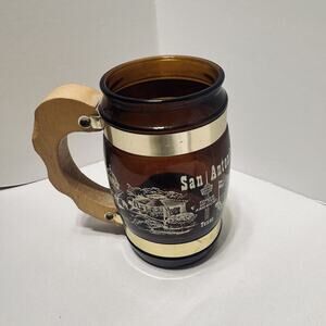 Siesta Ware Texas Souvenir Mug Wood Handle San Antonio brown glass Alamo